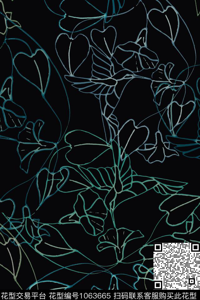 风格化花卉签字笔印花手绘线条笔触传统印花华亿平台下载（图片编号: 1063665） - 瓦栏（Walan）