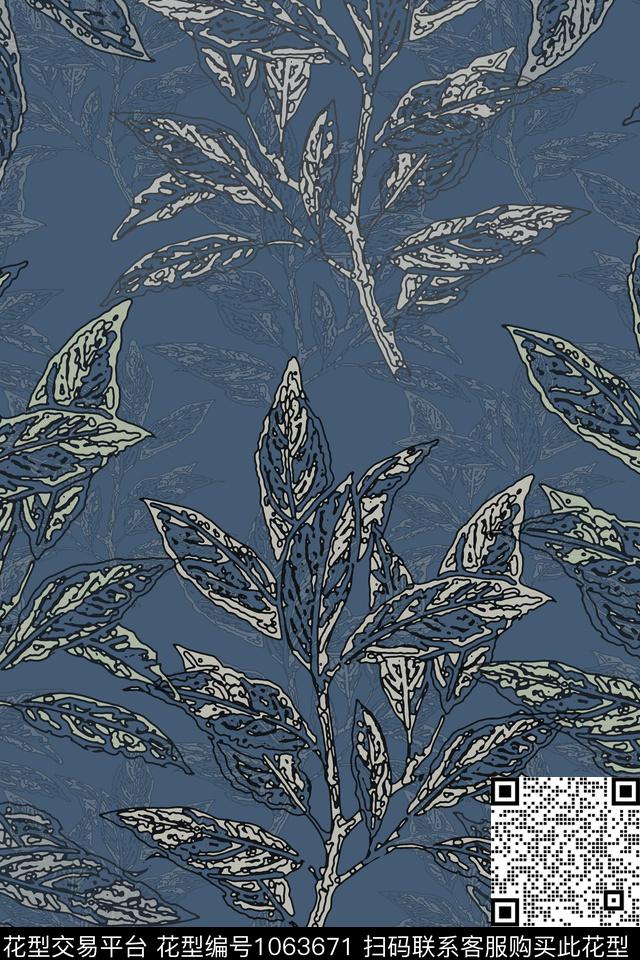 手绘线条笔触签字笔印花叶子组合传统印花华亿平台下载（图片编号: 1063671） - 瓦栏（Walan）