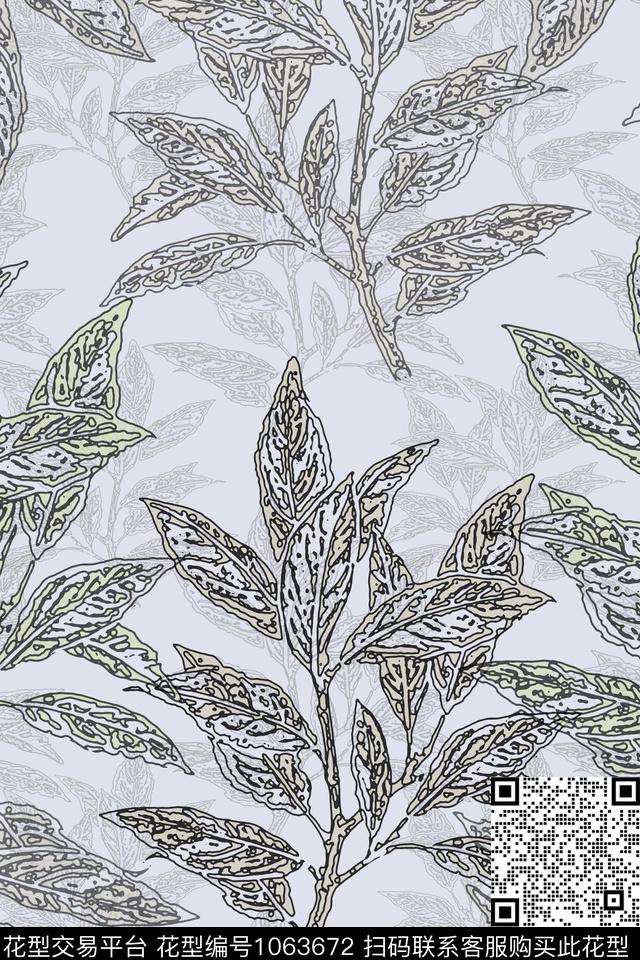 手绘线条笔触签字笔印花叶子组合传统印花华亿平台下载（图片编号: 1063672） - 瓦栏（Walan）