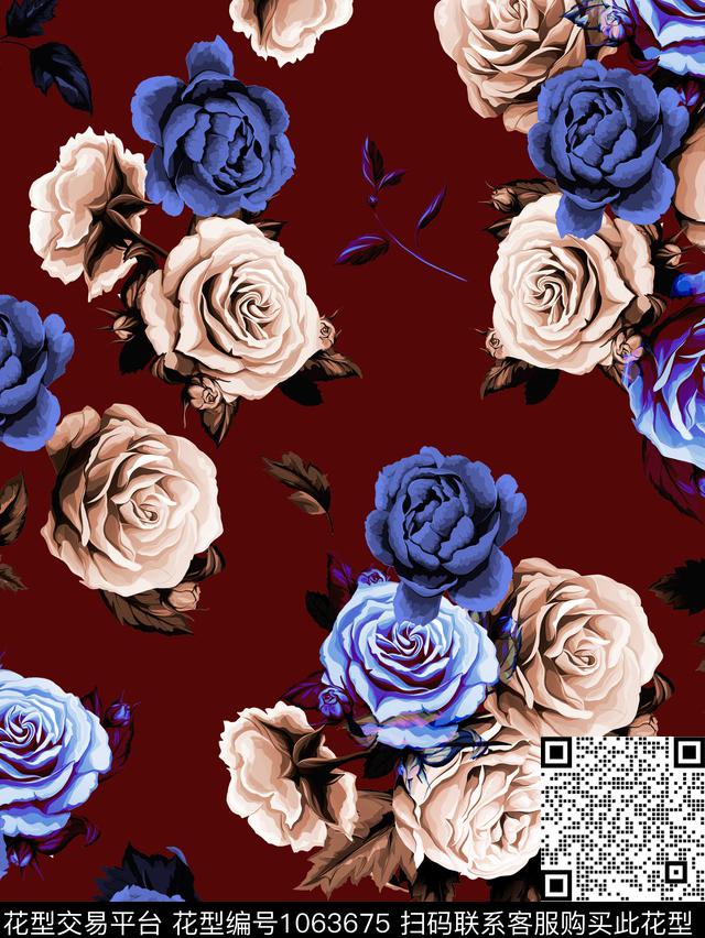 手绘玫瑰抽象花卉植物数码印花华亿平台下载（图片编号: 1063675） - 瓦栏（Walan）