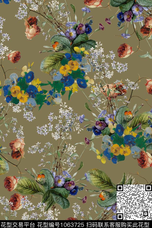 小碎花手绘花卉复古数码印花华亿平台下载（图片编号: 1063725） - 瓦栏（Walan）