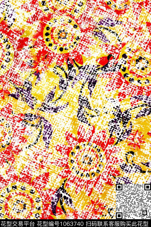 民族风抽象花卉数码印花华亿平台下载（图片编号: 1063740） - 瓦栏（Walan）