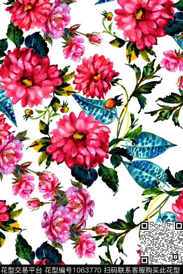 大花花卉复古数码印花华亿平台下载（图片编号: 1063770） - 瓦栏（Walan）