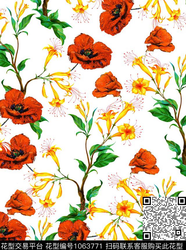花卉手绘花卉清爽底花卉数码印花华亿平台下载（图片编号: 1063771） - 瓦栏（Walan）