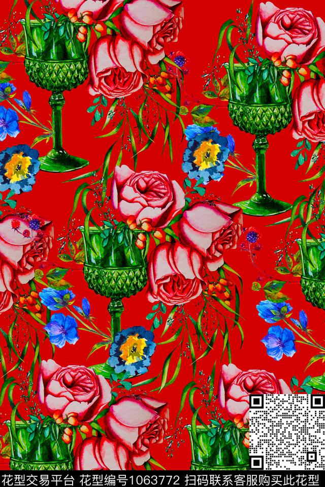 大花花卉复古数码印花华亿平台下载（图片编号: 1063772） - 瓦栏（Walan）