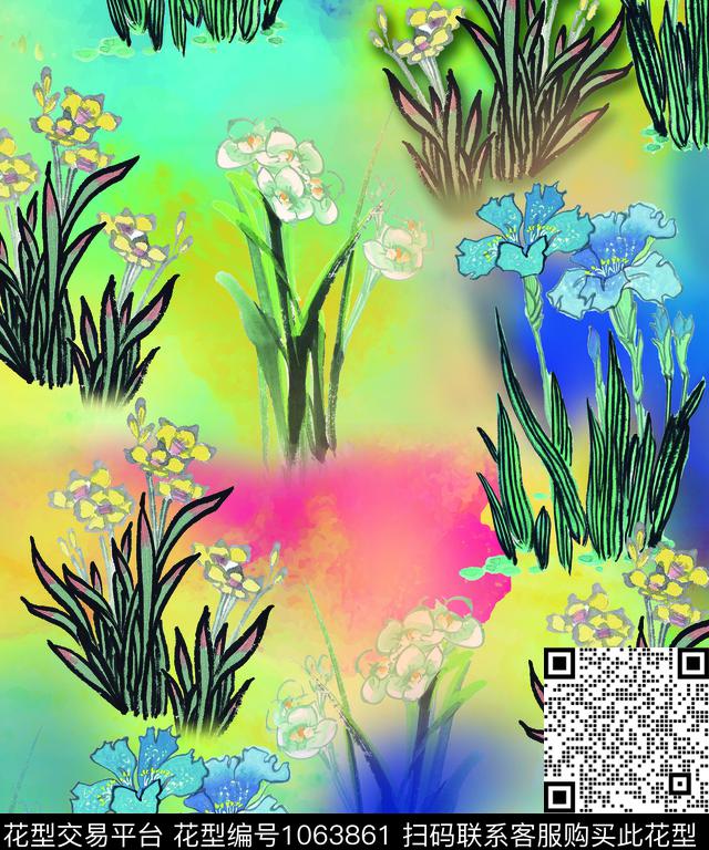 水彩花卉国画水墨风数码印花华亿平台下载（图片编号: 1063861） - 瓦栏（Walan）