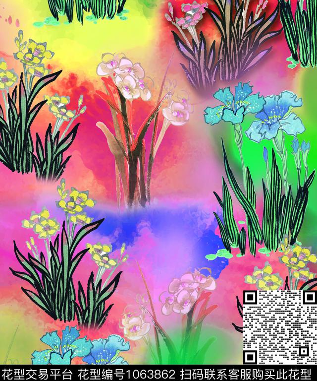 水彩花卉国画水墨风数码印花华亿平台下载（图片编号: 1063862） - 瓦栏（Walan）