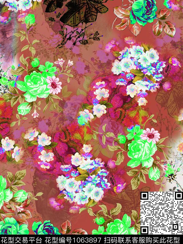 水墨风国画玫瑰花数码印花华亿平台下载（图片编号: 1063897） - 瓦栏（Walan）