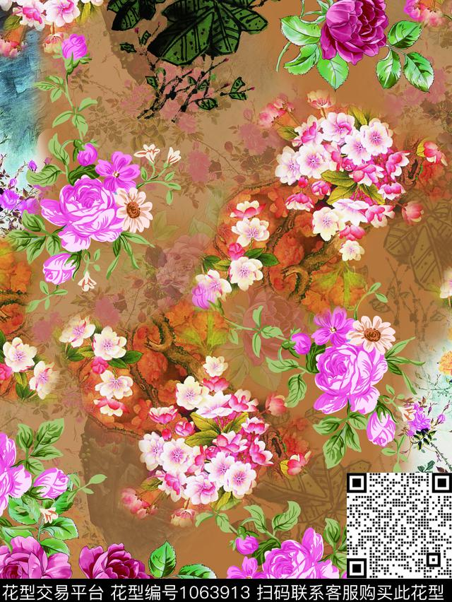 水墨风国画玫瑰花数码印花华亿平台下载（图片编号: 1063913） - 瓦栏（Walan）