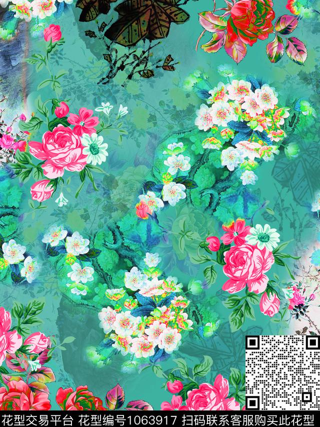 水墨风国画玫瑰花数码印花华亿平台下载（图片编号: 1063917） - 瓦栏（Walan）