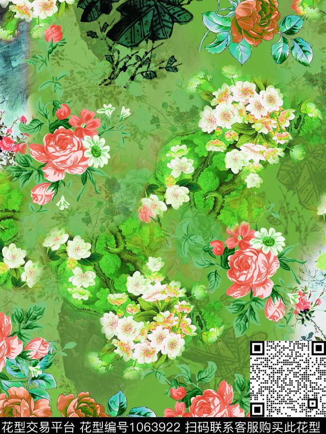 水墨风国画玫瑰花数码印花华亿平台下载（图片编号: 1063922） - 瓦栏（Walan）