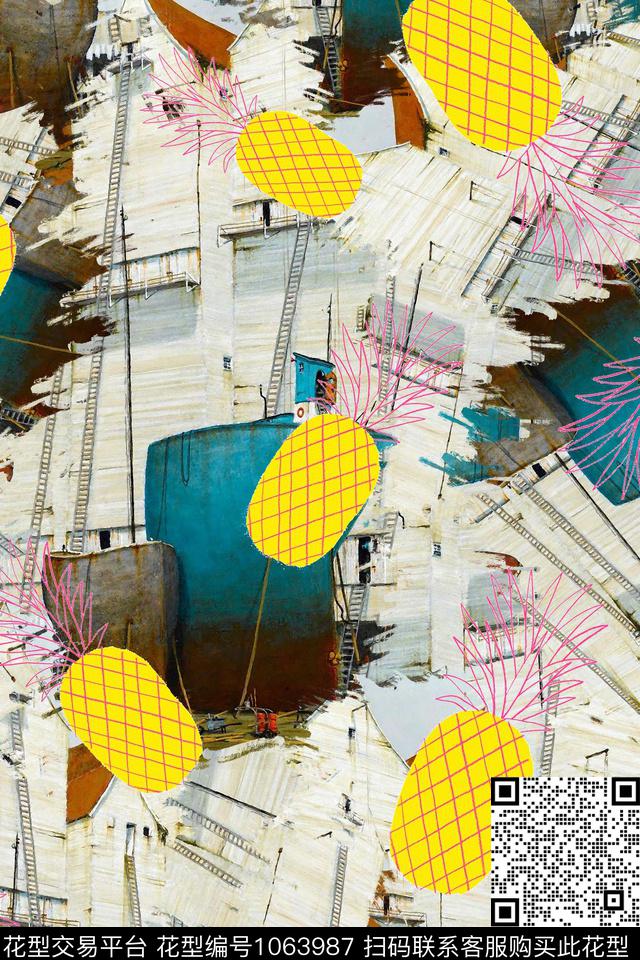 线条菠萝几何数码印花华亿平台下载（图片编号: 1063987） - 瓦栏（Walan）