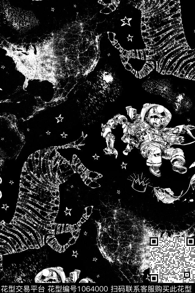 Fei-创意趣味Fei-男装黑白线条手绘数码印花华亿平台下载（图片编号: 1064000） - 瓦栏（Walan）