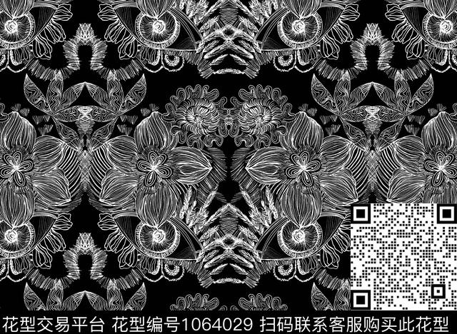 线条花卉清爽底花卉数码印花华亿平台下载（图片编号: 1064029） - 瓦栏（Walan）