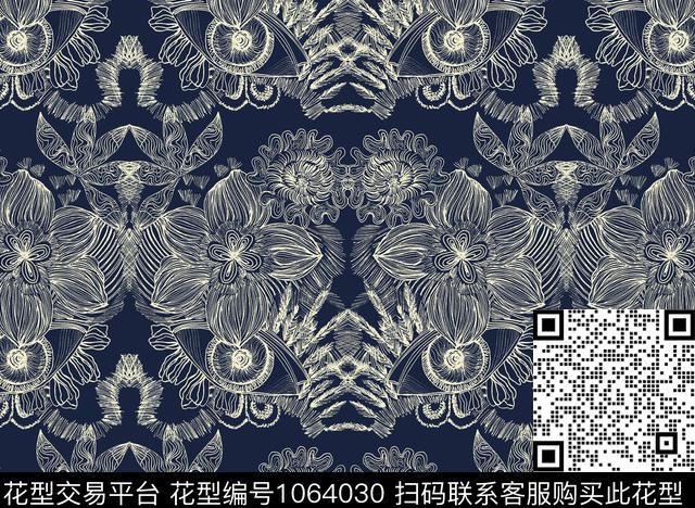 线条花卉清爽底花卉数码印花华亿平台下载（图片编号: 1064030） - 瓦栏（Walan）