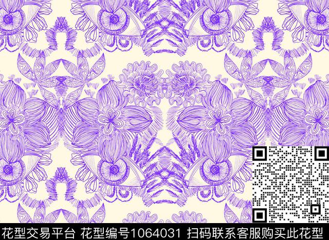 线条花卉清爽底花卉数码印花华亿平台下载（图片编号: 1064031） - 瓦栏（Walan）