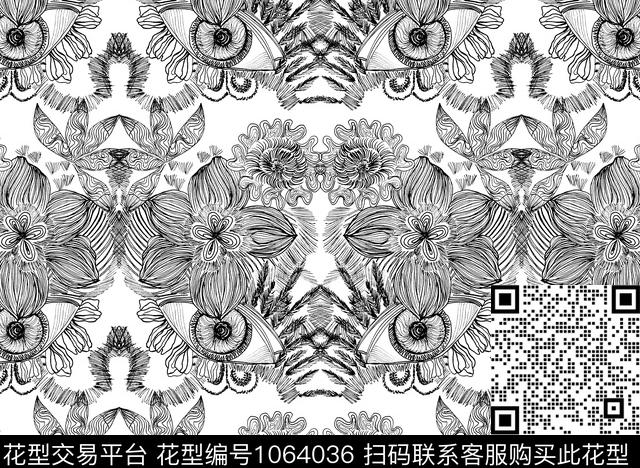 线条花卉清爽底花卉数码印花华亿平台下载（图片编号: 1064036） - 瓦栏（Walan）