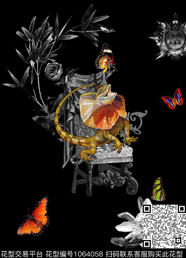 动物花卉蜥蜴花卉蝴蝶数码印花华亿平台下载（图片编号: 1064058） - 瓦栏（Walan）