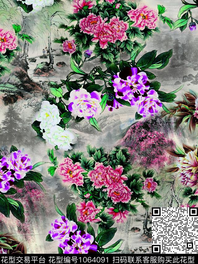 国画小碎花水墨风数码印花华亿平台下载（图片编号: 1064091） - 瓦栏（Walan）