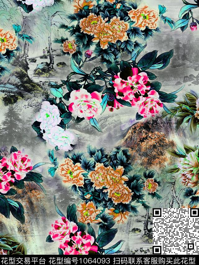 国画小碎花水墨风数码印花华亿平台下载（图片编号: 1064093） - 瓦栏（Walan）