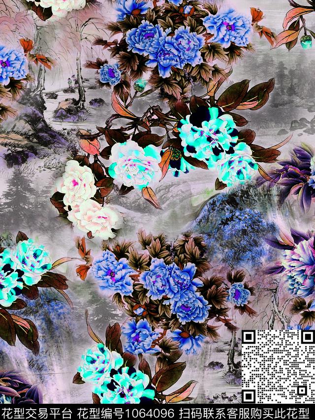 国画小碎花水墨风数码印花华亿平台下载（图片编号: 1064096） - 瓦栏（Walan）