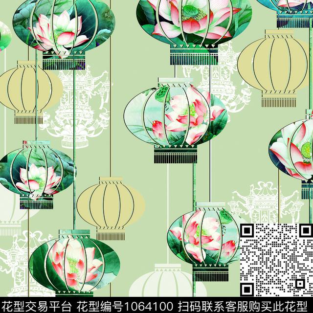荷花绿色复古数码印花华亿平台下载（图片编号: 1064100） - 瓦栏（Walan）