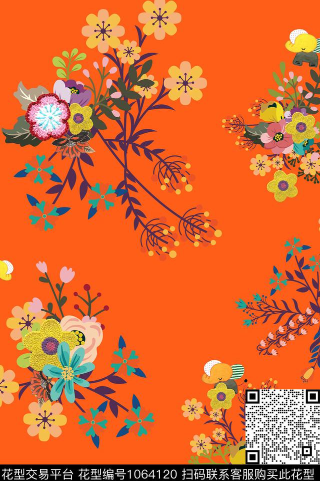 枝叶小碎花彩底花卉数码印花华亿平台下载（图片编号: 1064120） - 瓦栏（Walan）