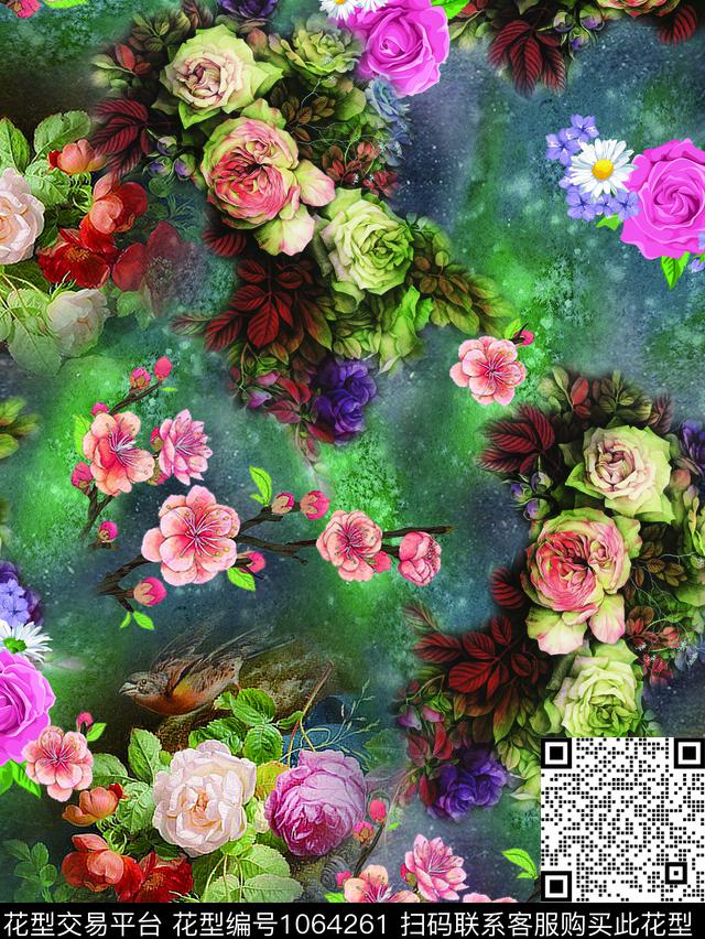 手绘玫瑰彩底花卉油画华亿平台数码印花华亿平台下载（图片编号: 1064261） - 瓦栏（Walan）