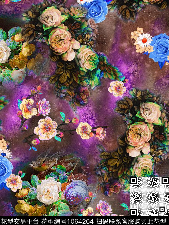 手绘玫瑰彩底花卉油画华亿平台数码印花华亿平台下载（图片编号: 1064264） - 瓦栏（Walan）