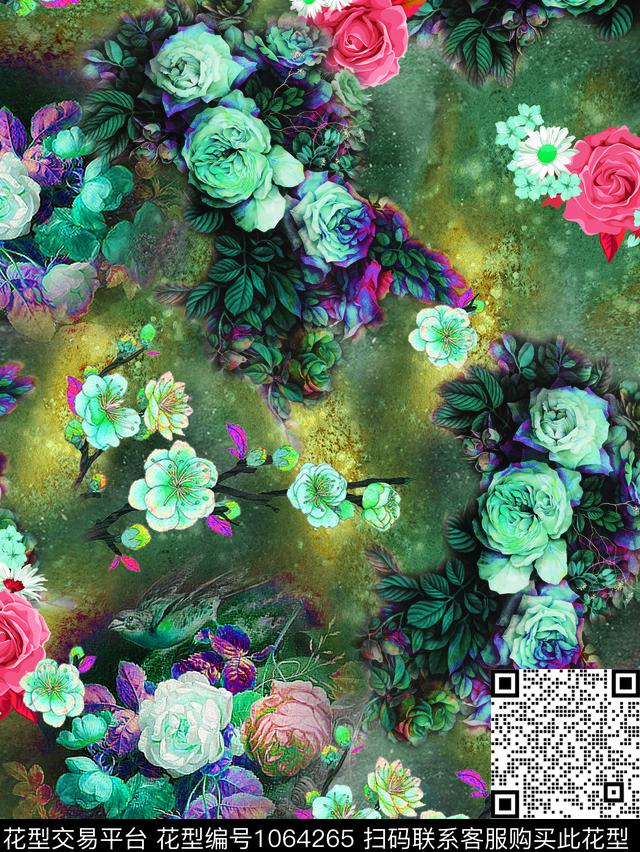 手绘玫瑰彩底花卉油画华亿平台数码印花华亿平台下载（图片编号: 1064265） - 瓦栏（Walan）