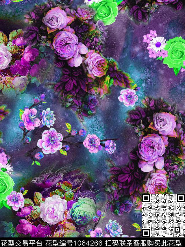 手绘玫瑰彩底花卉油画华亿平台数码印花华亿平台下载（图片编号: 1064266） - 瓦栏（Walan）