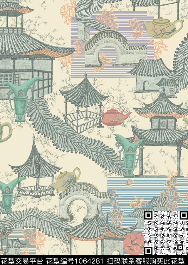 中国园林图案国画水墨纯手绘传统印花华亿平台下载（图片编号: 1064281） - 瓦栏（Walan）