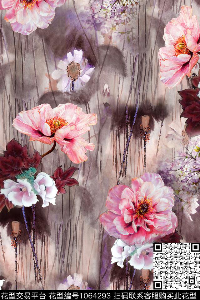 绘画彩底花卉中国风数码印花华亿平台下载（图片编号: 1064293） - 瓦栏（Walan）