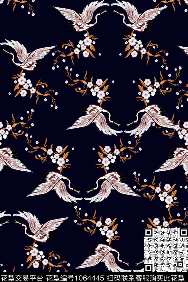 动物花卉数码华亿平台仙鹤数码印花华亿平台下载（图片编号: 1064445） - 瓦栏（Walan）