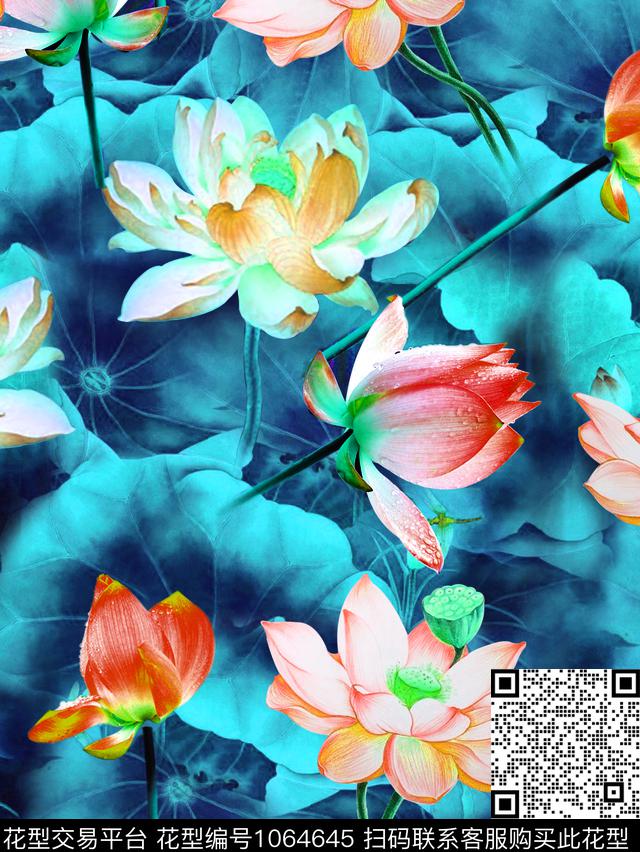 大花数码华亿平台荷花数码印花华亿平台下载（图片编号: 1064645） - 瓦栏（Walan）