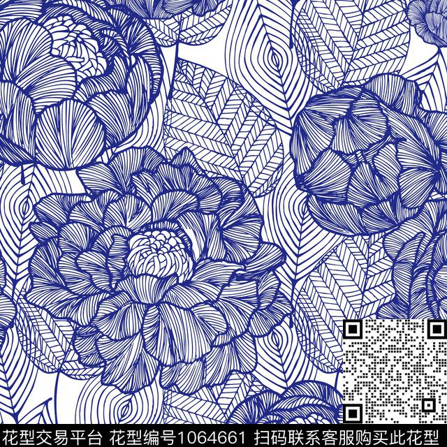 抽象花卉线条花卉手绘花卉数码印花华亿平台下载（图片编号: 1064661） - 瓦栏（Walan）