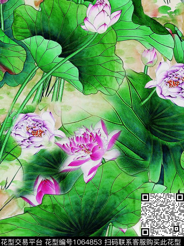 大花数码华亿平台荷花数码印花华亿平台下载（图片编号: 1064853） - 瓦栏（Walan）