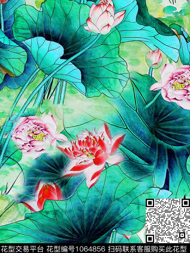 大花数码华亿平台荷花数码印花华亿平台下载（图片编号: 1064856） - 瓦栏（Walan）