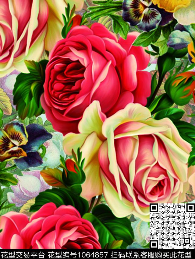 大花手绘玫瑰油画华亿平台数码印花华亿平台下载（图片编号: 1064857） - 瓦栏（Walan）