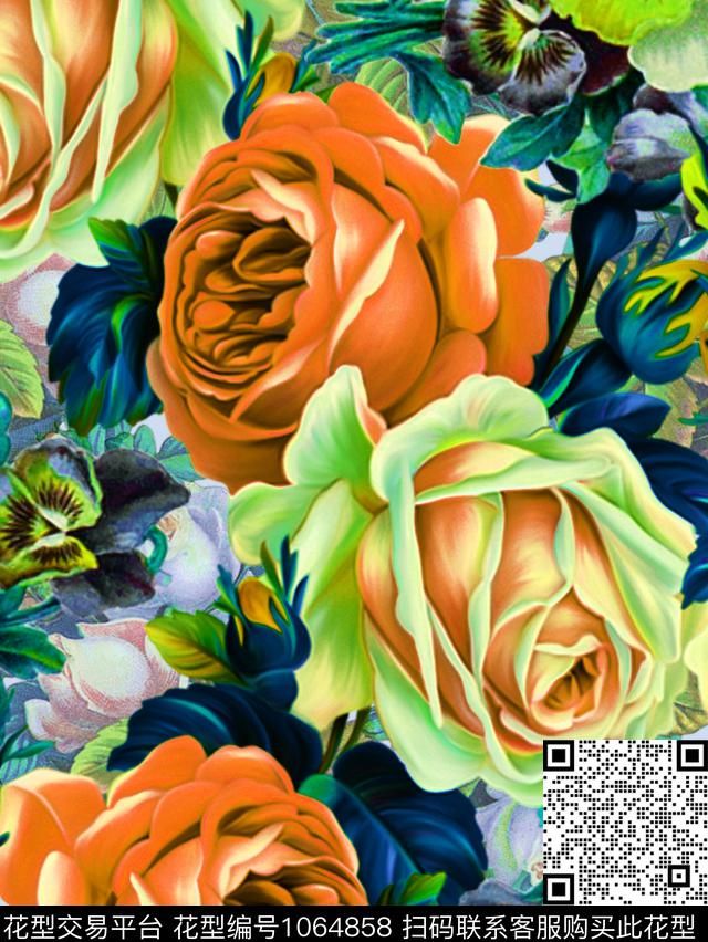 大花手绘玫瑰油画华亿平台数码印花华亿平台下载（图片编号: 1064858） - 瓦栏（Walan）