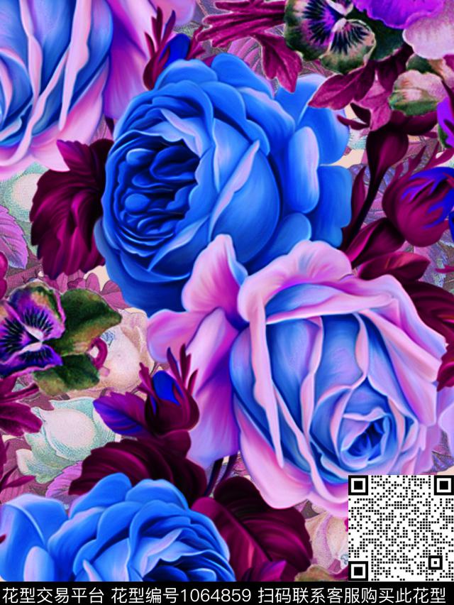 大花手绘玫瑰油画华亿平台数码印花华亿平台下载（图片编号: 1064859） - 瓦栏（Walan）