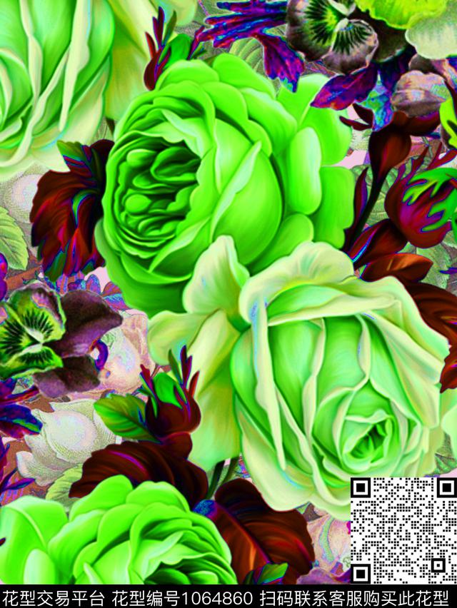 大花手绘玫瑰油画华亿平台数码印花华亿平台下载（图片编号: 1064860） - 瓦栏（Walan）