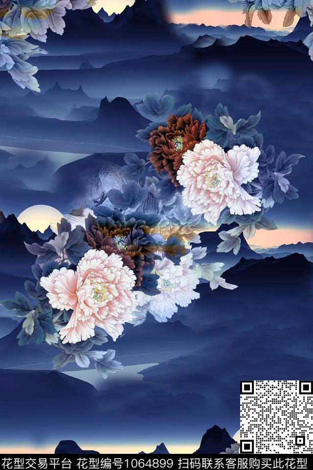 中国风牡丹云底纹数码印花华亿平台下载（图片编号: 1064899） - 瓦栏（Walan）