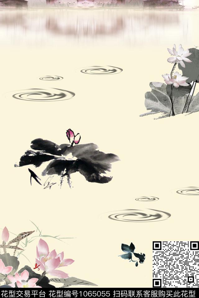 中国风荷花手绘花卉数码印花华亿平台下载（图片编号: 1065055） - 瓦栏（Walan）