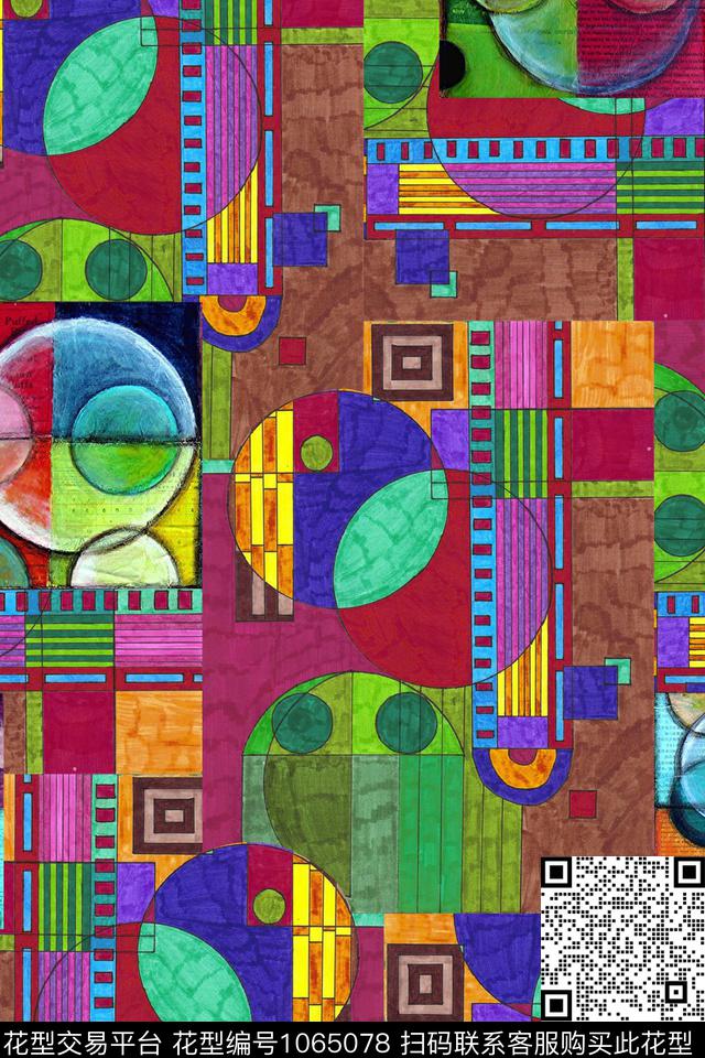 格子几何圆形数码印花华亿平台下载（图片编号: 1065078） - 瓦栏（Walan）