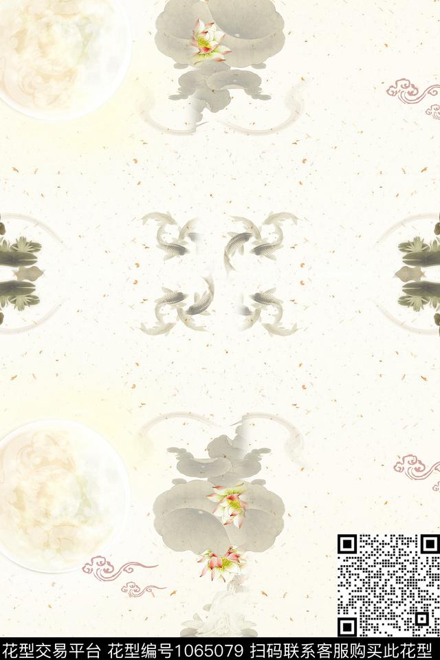 手绘花卉中国风荷花数码印花华亿平台下载（图片编号: 1065079） - 瓦栏（Walan）