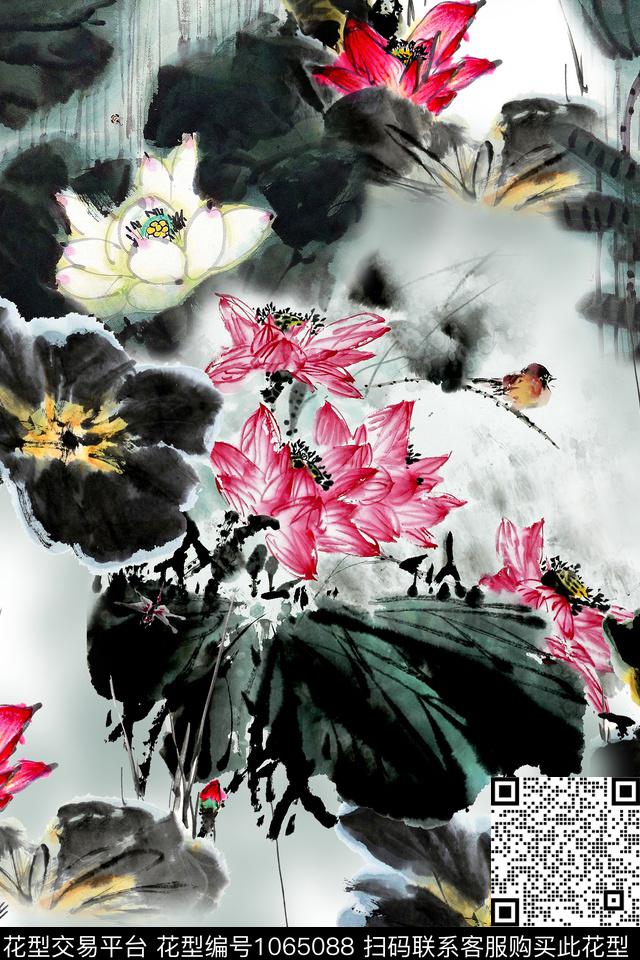 荷花国画中国风数码印花华亿平台下载（图片编号: 1065088） - 瓦栏（Walan）