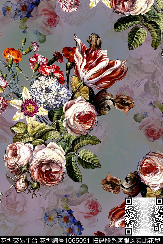 手绘花卉数码印花华亿平台下载（图片编号: 1065091） - 瓦栏（Walan）