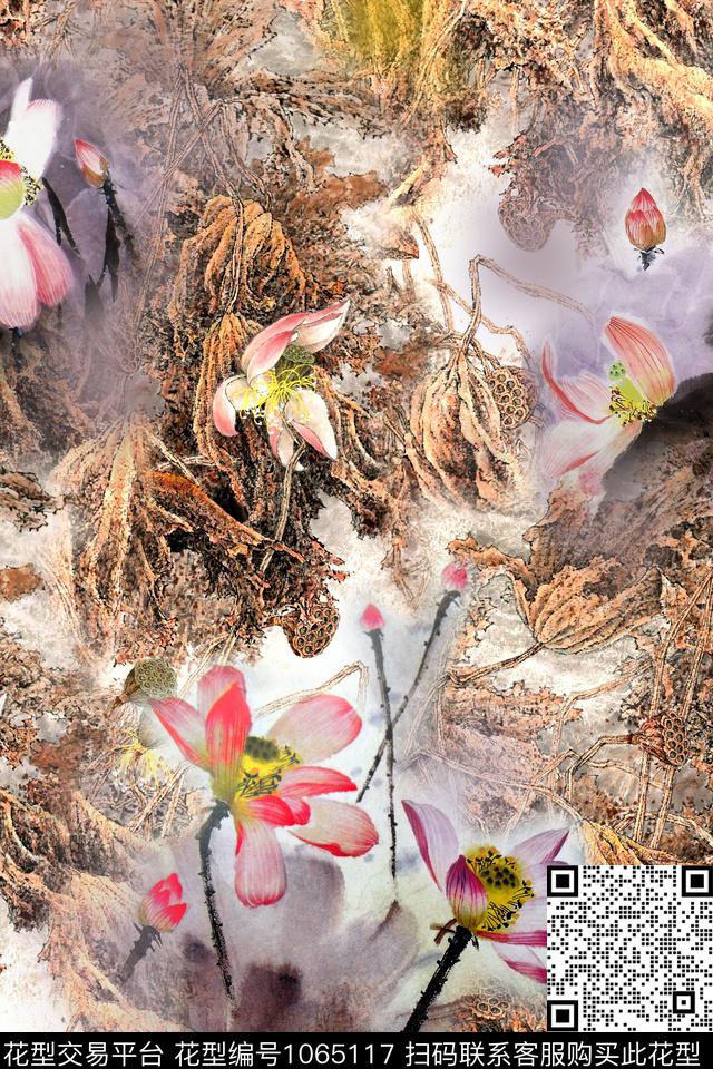 花卉荷花国画数码印花华亿平台下载（图片编号: 1065117） - 瓦栏（Walan）