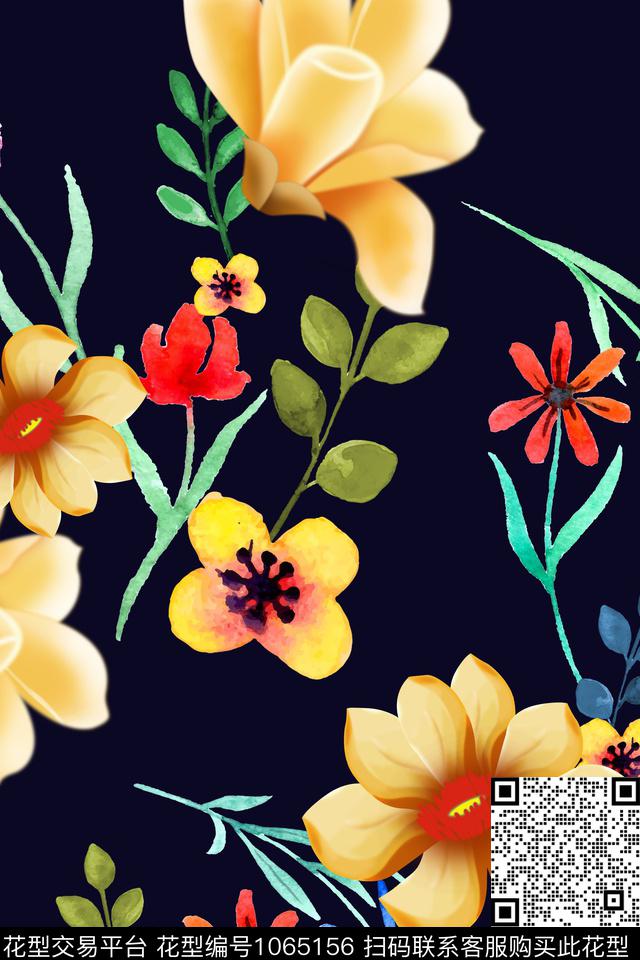 手绘花卉版画花卉大花数码印花华亿平台下载（图片编号: 1065156） - 瓦栏（Walan）